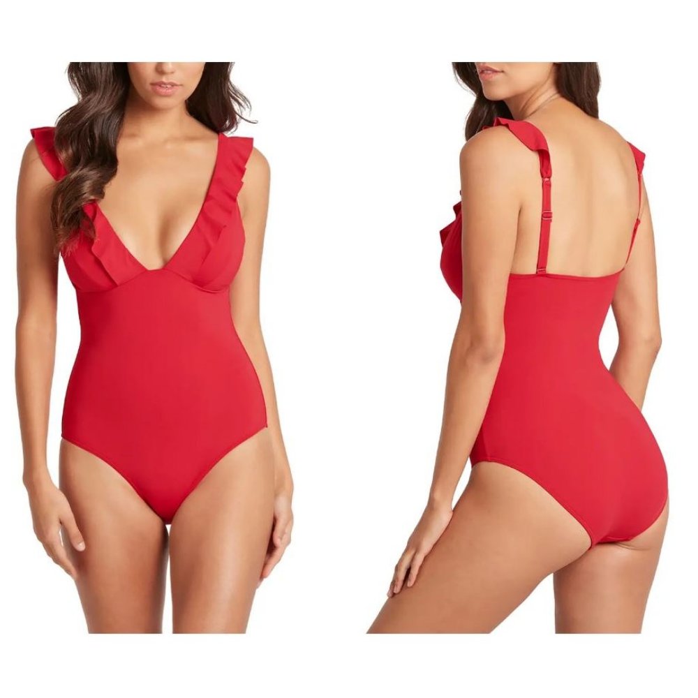 Sea Level Frill OnePiece Swimsuit Red Gem